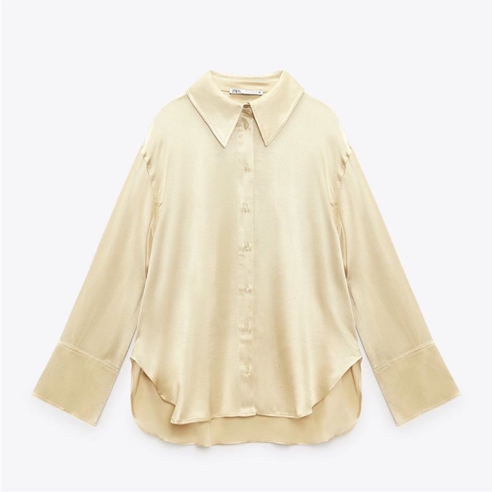 Zara Flowy Satin Effect Shirt In Soft Gold Color Nwt